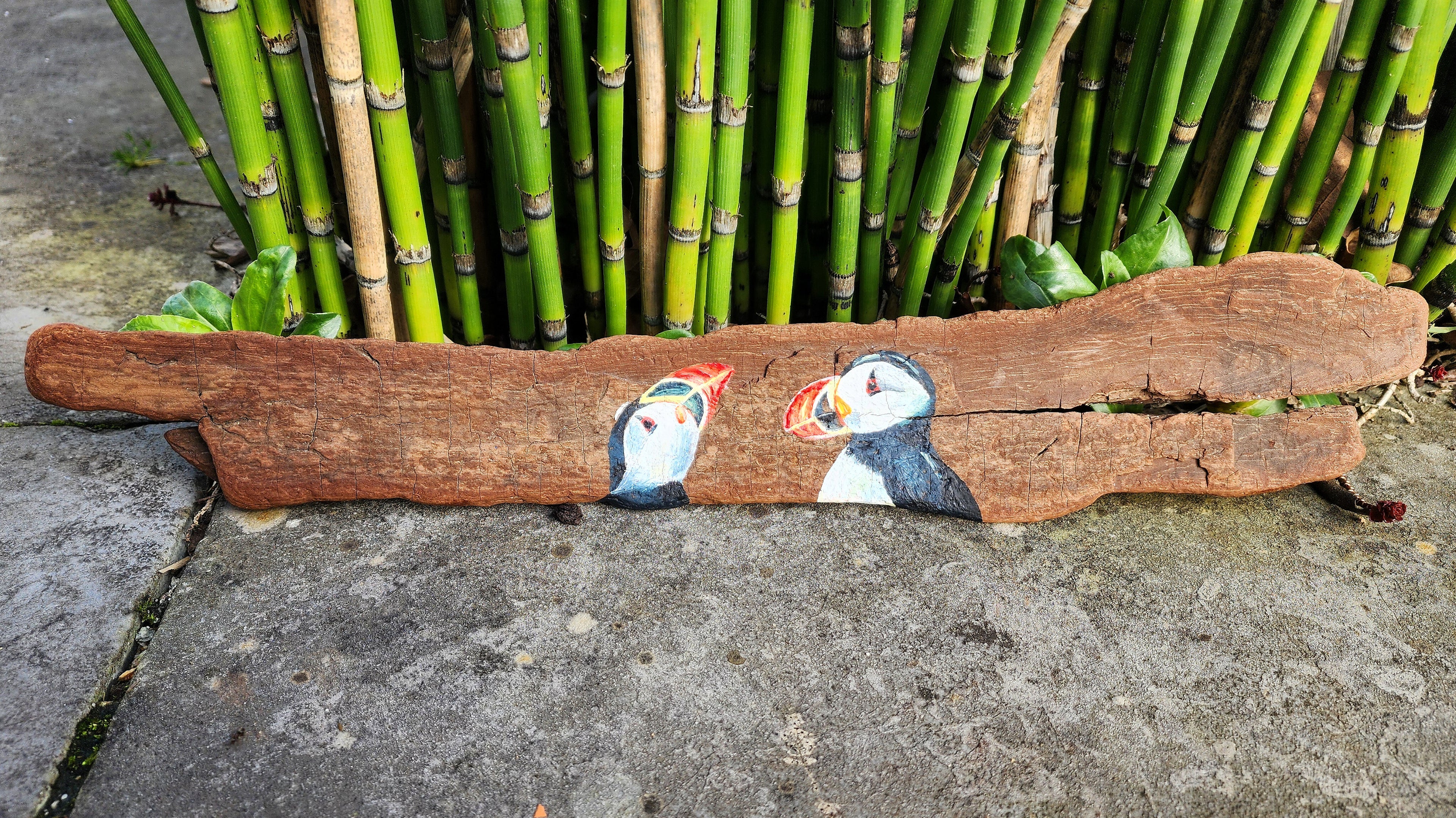 macareux amoureux, acrylique sur bois